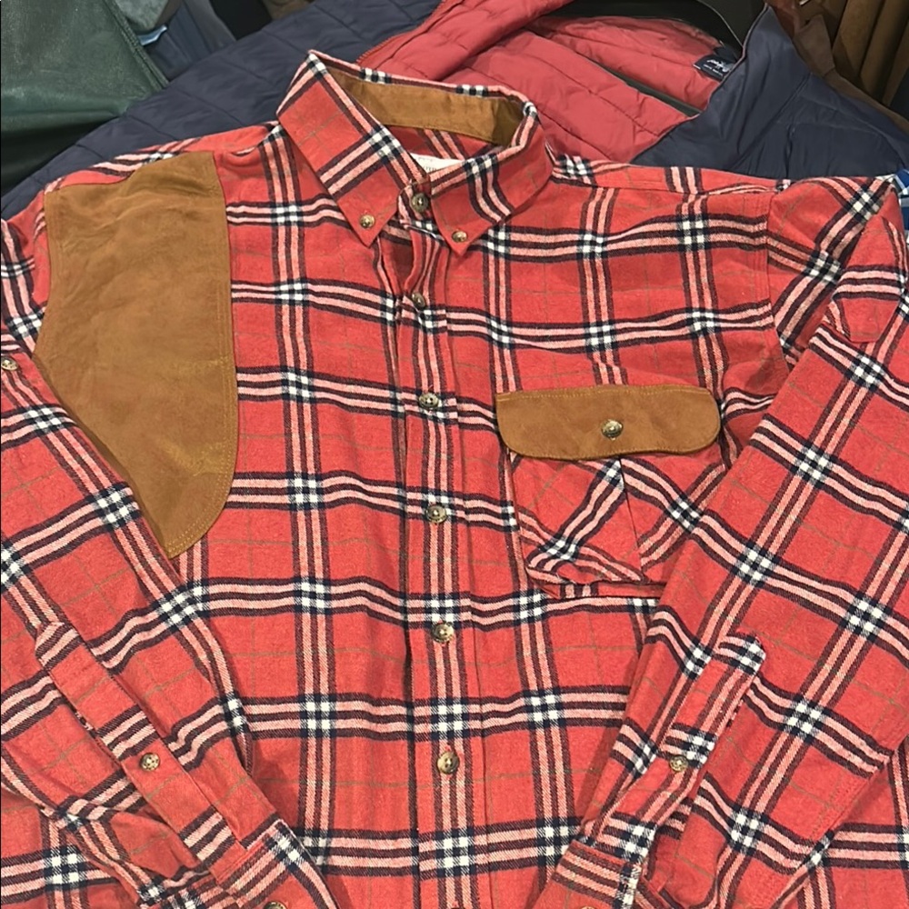 Men’s Southern Point Shooting Shirt Red Plaid Button-Up with Suede Accents EUC